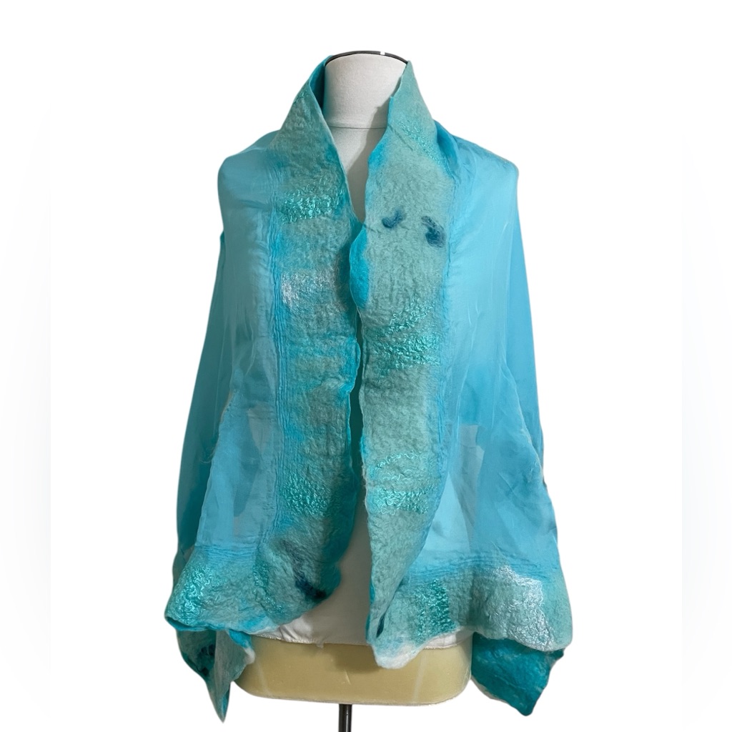 Unique Artsy Ooak Blue Turquoise Wrap/Scarf Natural Silk And Merino Wool